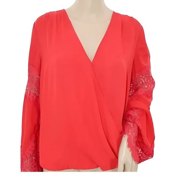 INC Christmas Red Lace Sleeve Cross Body Surplice Faux Wrap Dress Top Blouse M - Picture 4 of 8